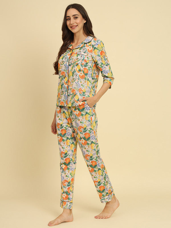 KASHANA Women's Cambric White Floral Printed 3/4 Sleeve Loungewear Shirt Pyjama Set Night Suit Set
