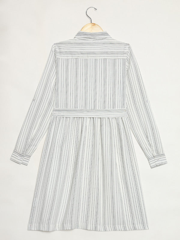 ELEENA Girl's Poly Moss White Striped 3/4 Sleeve Party Wear Shirt Dress