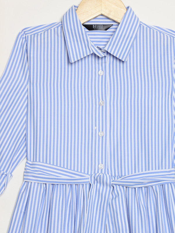 KASHANA Girl's Poly Moss Sky Blue Striped 3/4 Sleeve Party Wear Shirt Dress