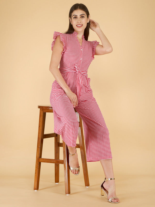 ELEENA Women's Cotton Pink Checked Cap Party Wear Jumpsuit