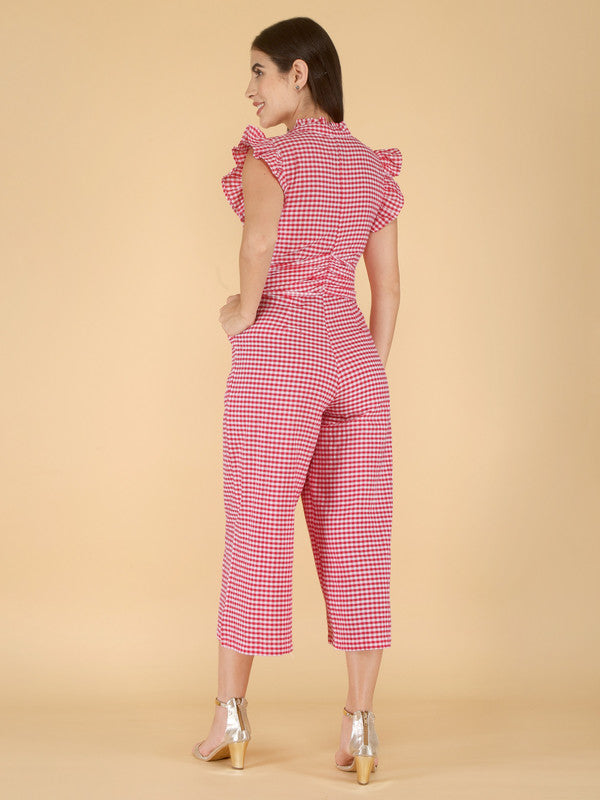 ELEENA Women's Cotton Pink Checked Cap Party Wear Jumpsuit