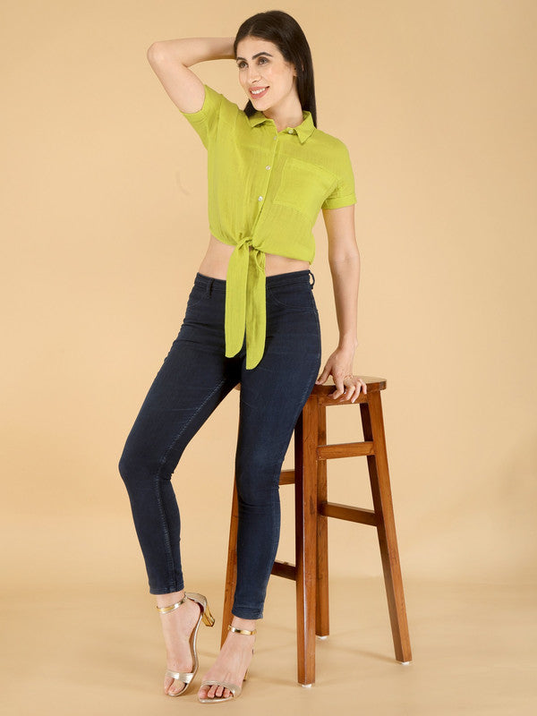 ELEENA Women's Cotton Green Solid Short Sleeve Party Wear Casual Shirt