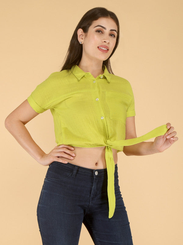 ELEENA Women's Cotton Green Solid Short Sleeve Party Wear Casual Shirt