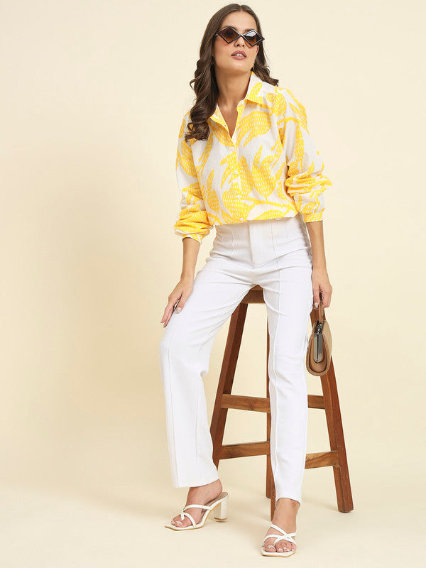 KASHANA Women's Cotton Yellow Printed Full Sleeves Casual Shirt Top