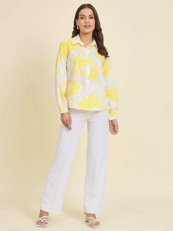 KASHANA Women's Cotton Yellow and White Printed Full Sleeves Casual Shirt Top