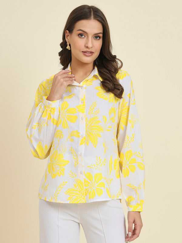 KASHANA Women's Cotton Yellow and White Printed Full Sleeves Casual Shirt Top