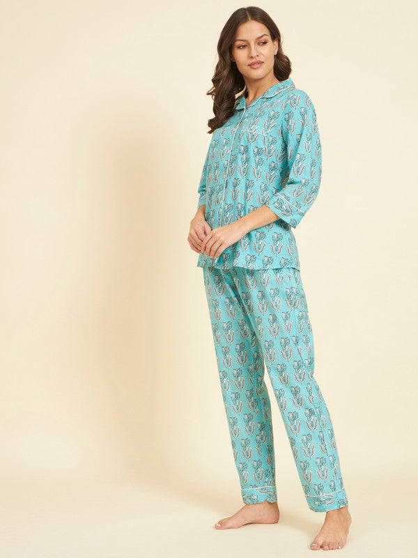 KASHANA Women's Cambric Sky Blue Floral Printed 3/4 Sleeve Loungewear Shirt Pyjama Set Night Suit Set