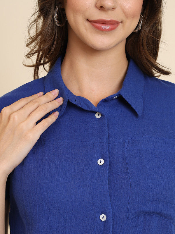 KASHANA Women's Cotton Blue Solid Short Sleeve Party Wear Casual Shirt