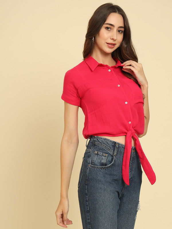 ELEENA Women's Cotton Red Solid Short Sleeve Party Wear Casual Shirt