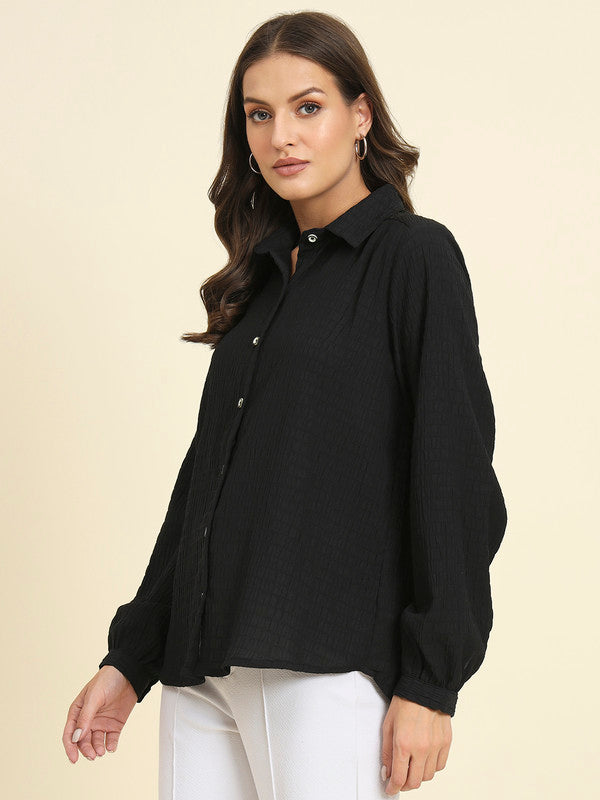 KASHANA Women's Polyester Black Pleated Full Sleeves Casual Shirt Shirt