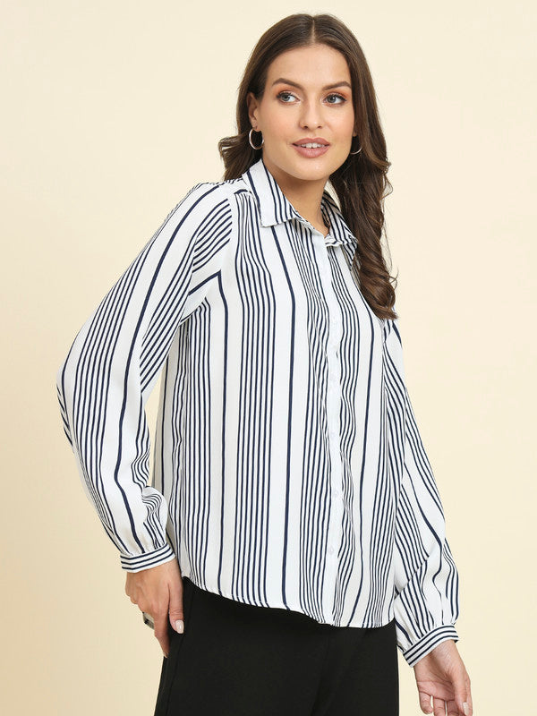 KASHANA Women's Polyester White Striped Full Sleeves Casual Shirt Shirt