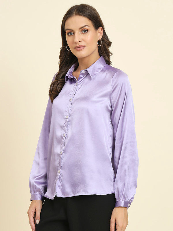 KASHANA Women's Satin Purple Solid Full Sleeves Casual Shirt Top