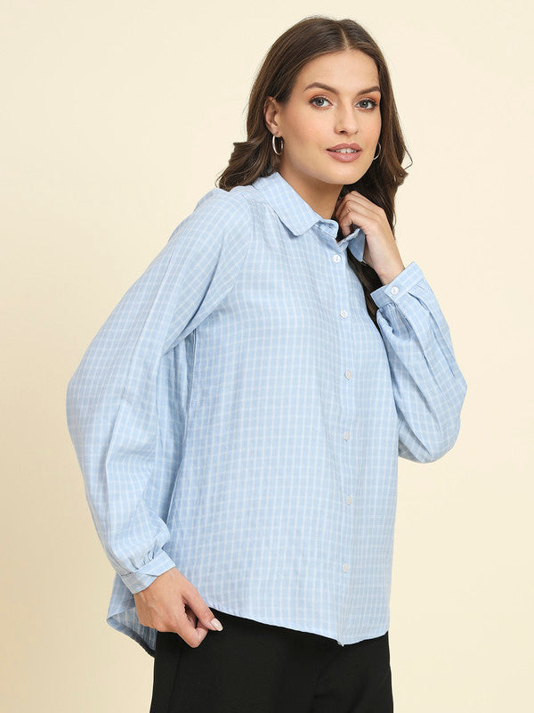 KASHANA Women's Cotton Sky Blue Checked Full Sleeves Casual Shirt Top