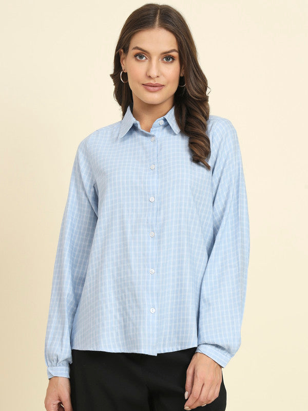 KASHANA Women's Cotton Sky Blue Checked Full Sleeves Casual Shirt Top