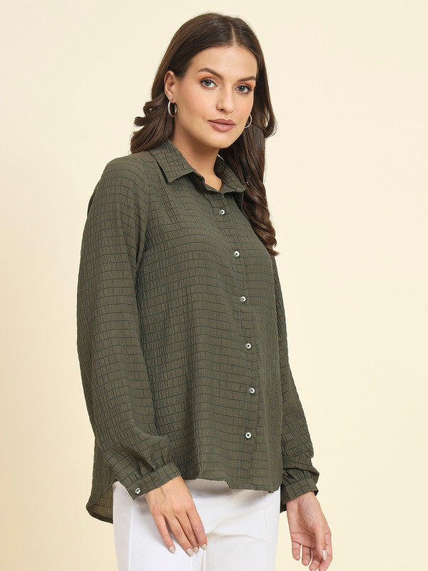 KASHANA Women's Polyester Green Pleated Full Sleeves Casual Shirt Shirt