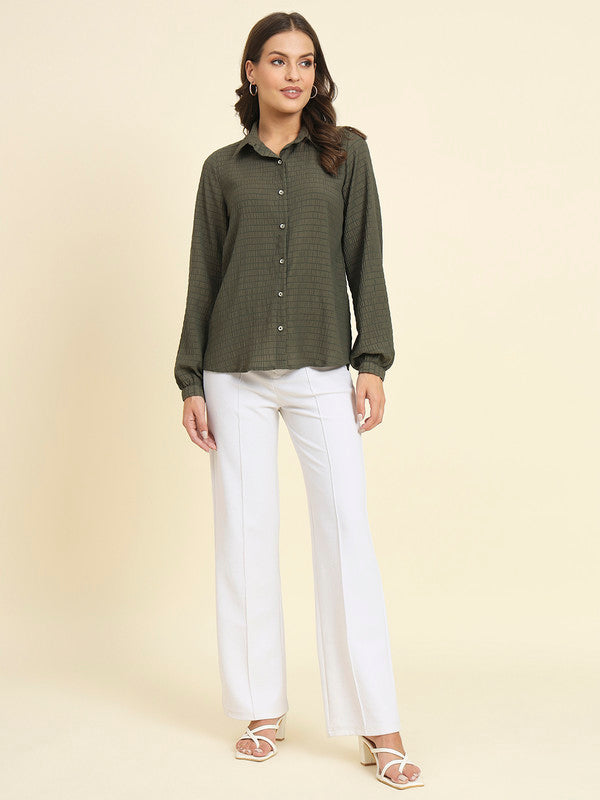 KASHANA Women's Polyester Green Pleated Full Sleeves Casual Shirt Shirt