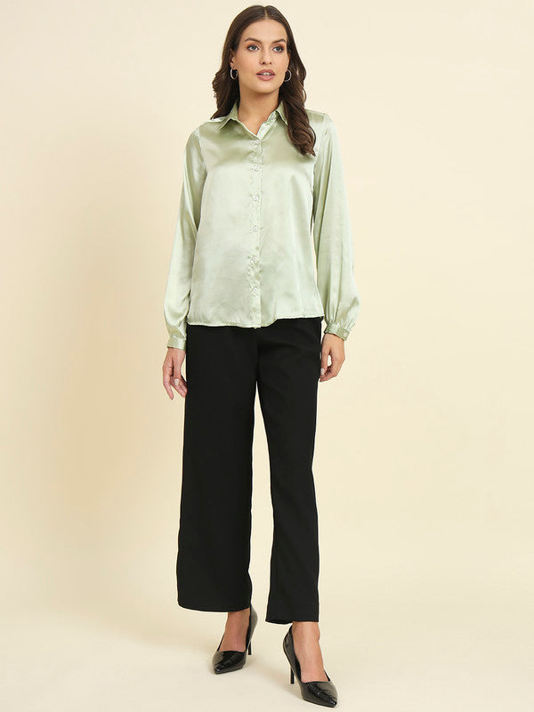 KASHANA Women's Satin Green Solid Full Sleeves Casual Shirt Top