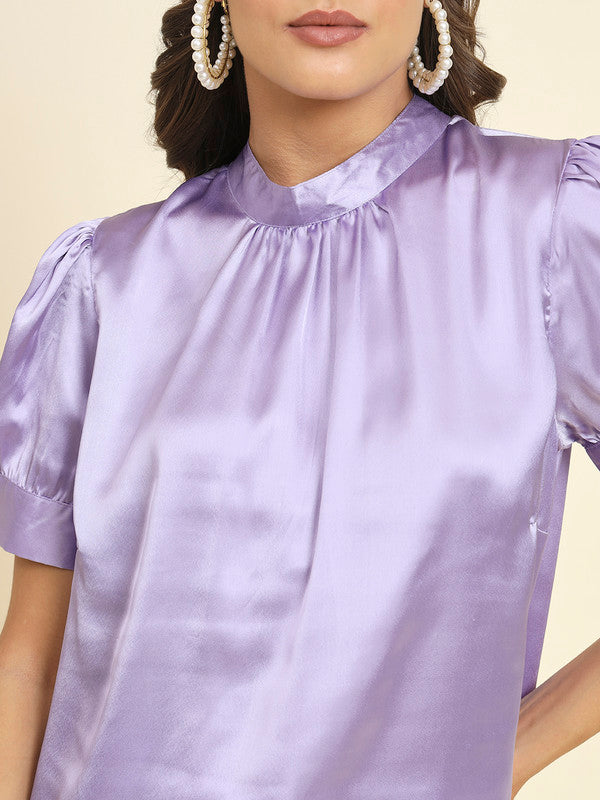 KASHANA Women's Satin Purple Solid Short Sleeve Party Regular Top