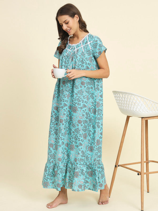 KASHANA Women's Cotton Turquoise Floral Printed Short Sleeves Casual Night Gown Night Dress