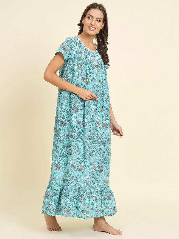 KASHANA Women's Cotton Turquoise Floral Printed Short Sleeves Casual Night Gown Night Dress