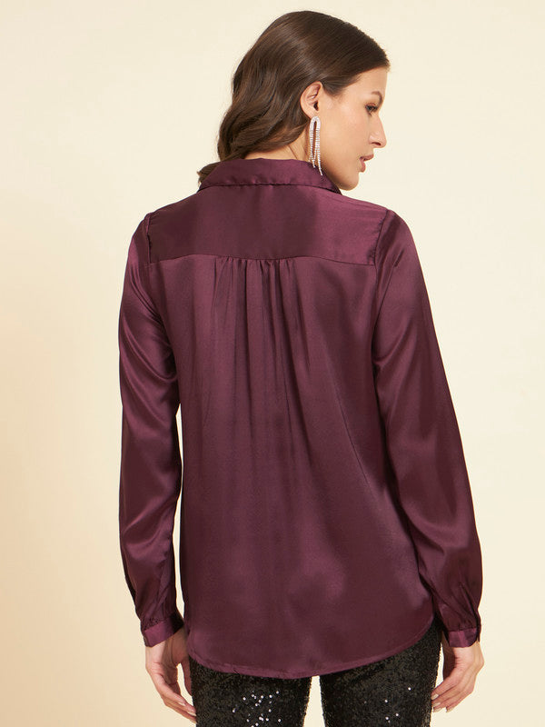 KASHANA Women's Satin wine colour Solid Full Sleeves Casual TOP Shirt