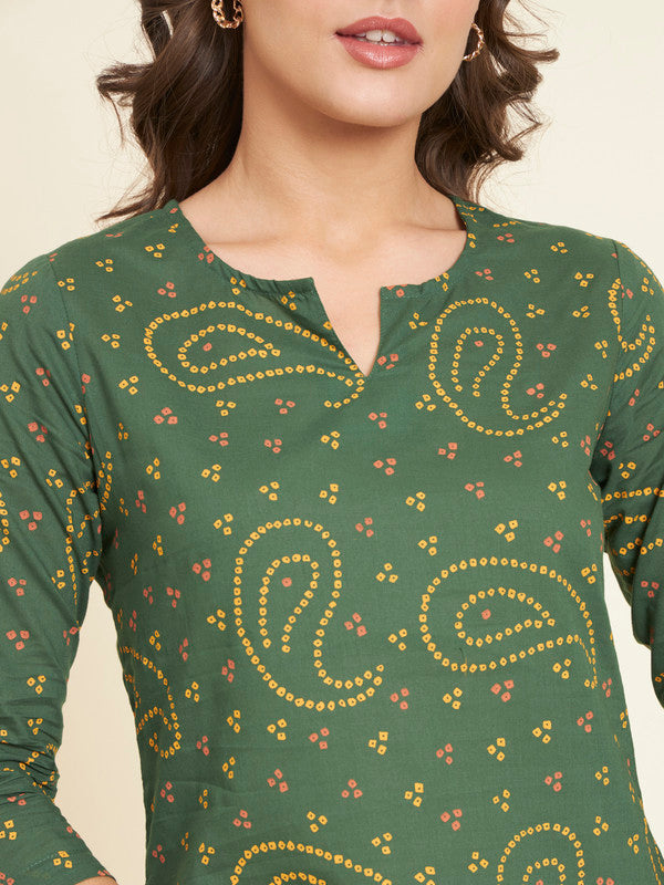 KASHANA Women's Cotton Green Ethnic Motifs Printed 3/4 Sleeves Casual Kurta Kurti