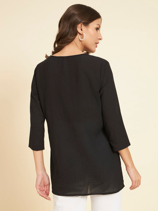 KASHANA Women's Cotton Black Solid 3/4 Sleeves Casual Kurta Kurti