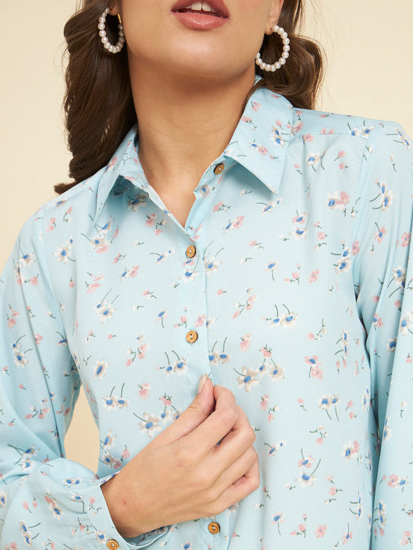 KASHANA Women's Satin Sky Blue Printed Full Sleeves Casual TOP Shirt