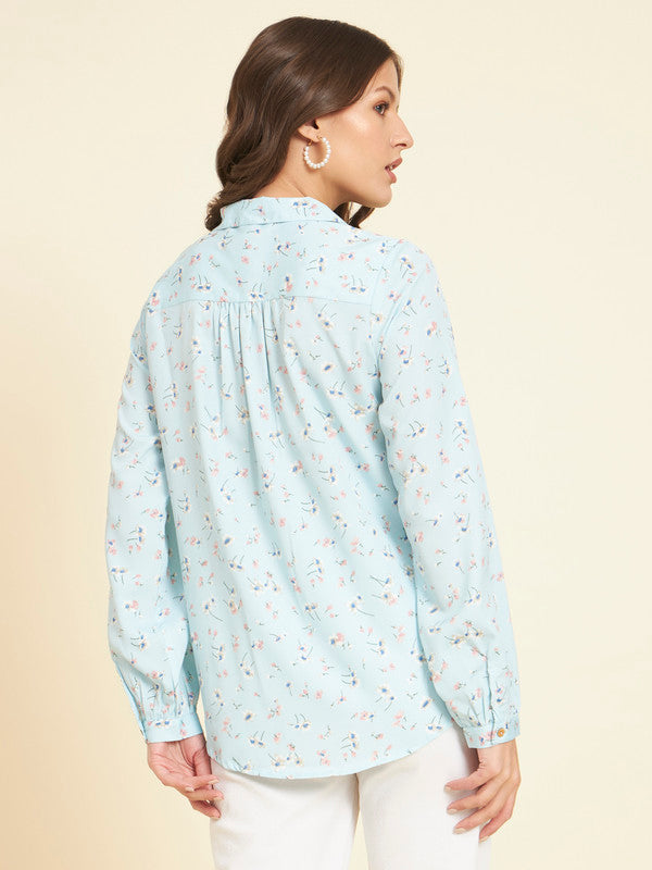 KASHANA Women's Satin Sky Blue Printed Full Sleeves Casual TOP Shirt