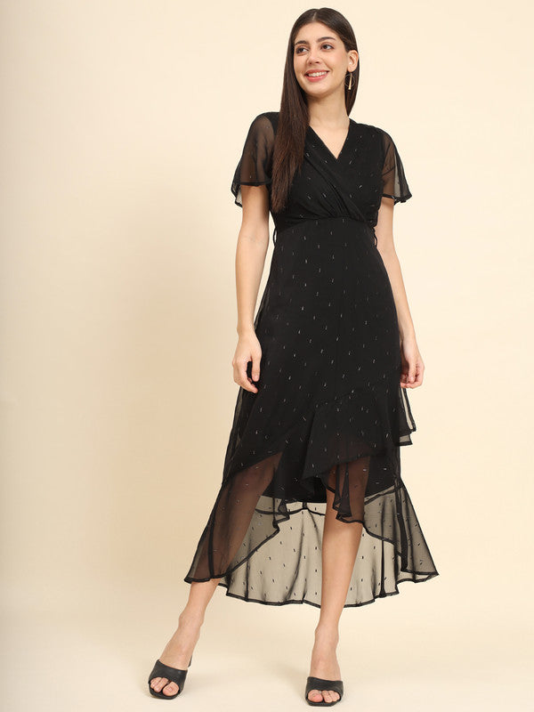 KASHANA Women's Polyester Black Solid Bell sleeve Evening Wear Wrap Dress