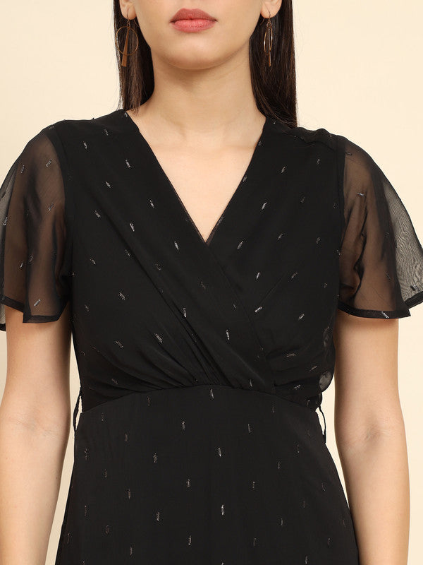 KASHANA Women's Polyester Black Solid Bell sleeve Evening Wear Wrap Dress