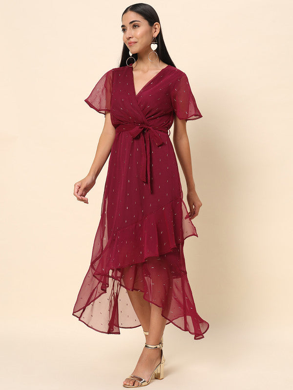 KASHANA Women's Polyester wine colour Simmer Print Bell sleeve Evening Wear Wrap Dress