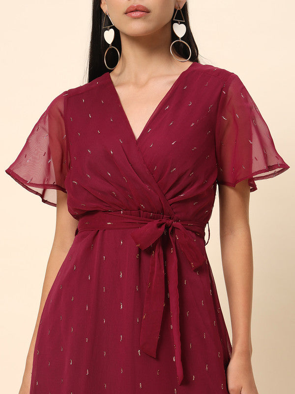 KASHANA Women's Polyester wine colour Simmer Print Bell sleeve Evening Wear Wrap Dress