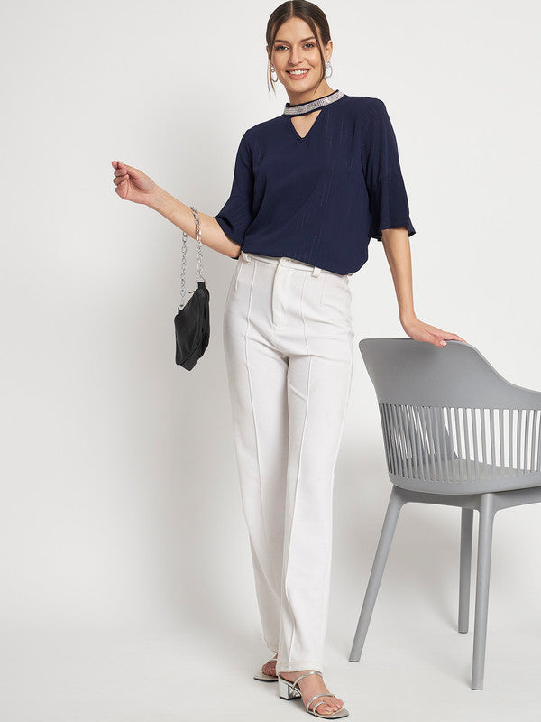 ELEENA Women's Polyester Navy Embellished Half Sleeve Casual Blouson Top Top