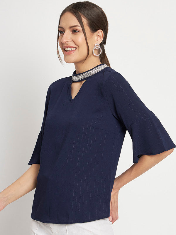 ELEENA Women's Polyester Navy Embellished Half Sleeve Casual Blouson Top Top