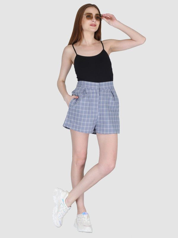 ELEENA Women's Cotton Gray Checkered Evening Wear Shorts