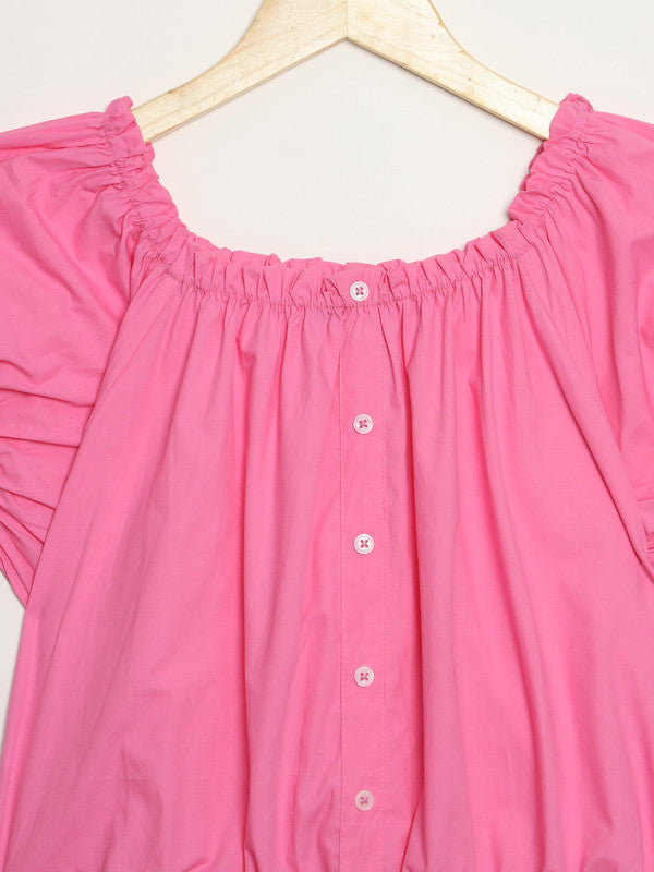 ELEENA Girls Cotton Pink Checkered Short Puff Sleeves Crop Top