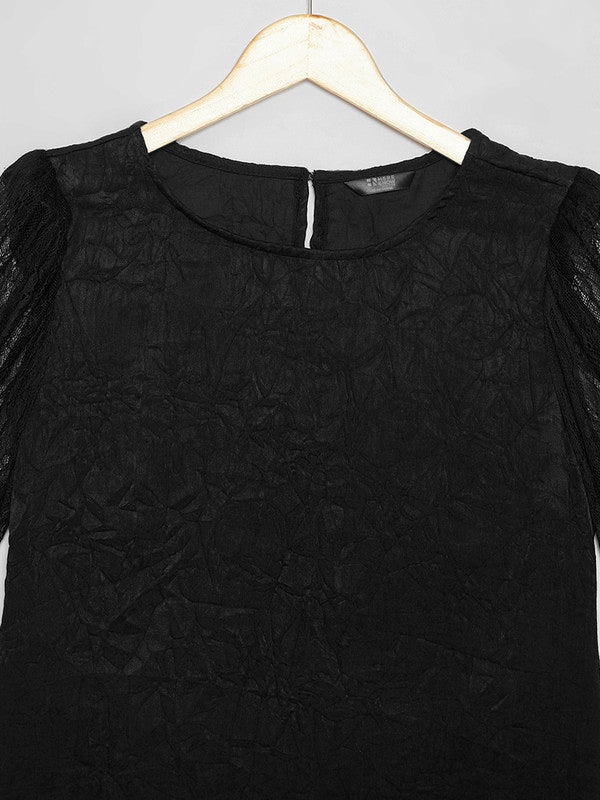 ELEENA Girls Polyester Black Solid Short Sleeve Partywear Top