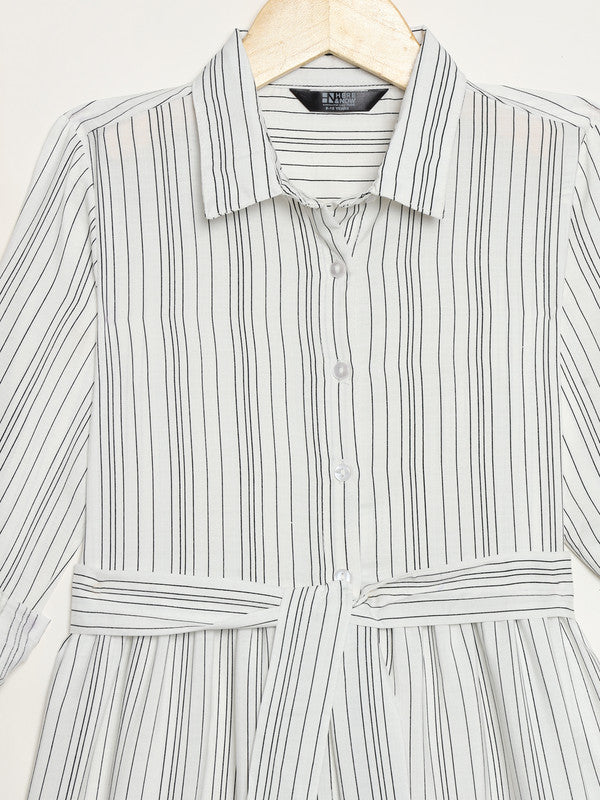 ELEENA Girl's Poly Moss White Striped 3/4 Sleeve Party Wear Shirt Dress