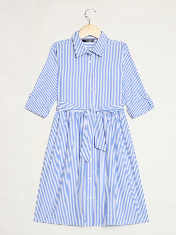 ELEENA Girl's Poly Moss Sky Blue Striped 3/4 Sleeve Party Wear Shirt Dress